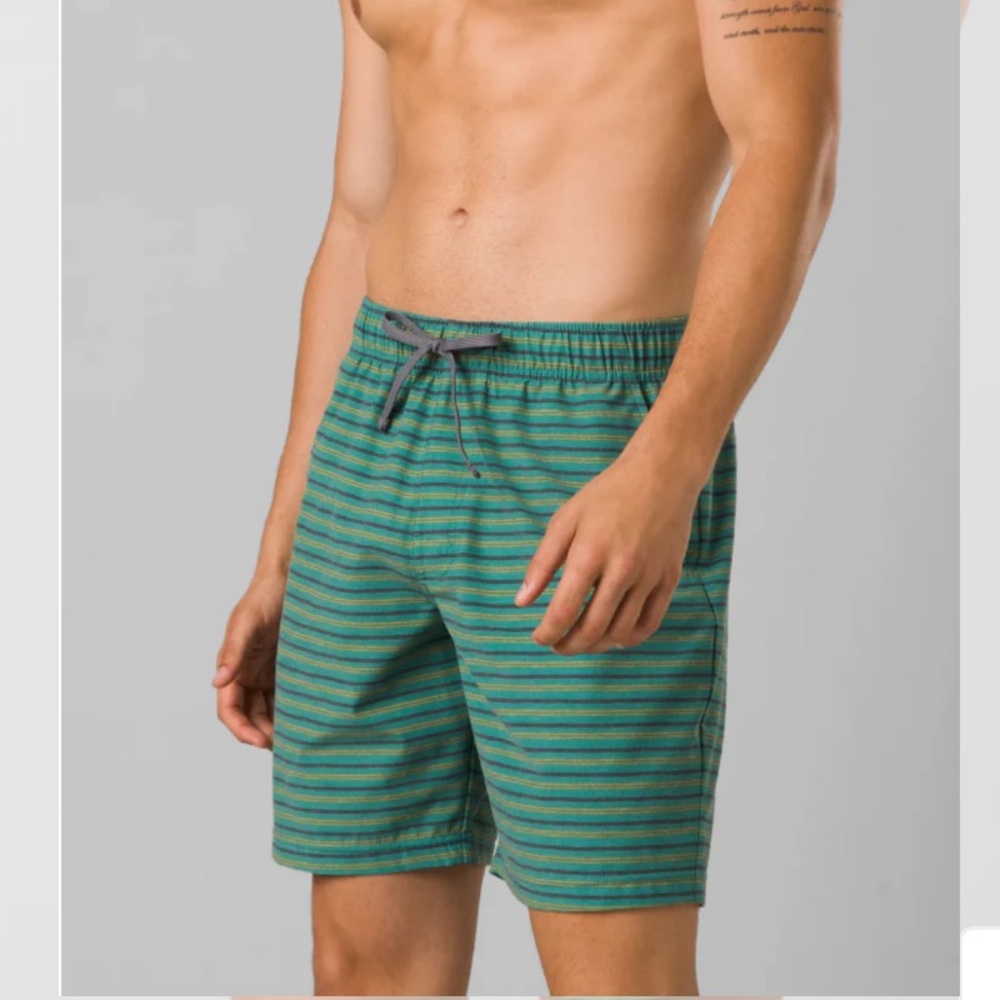 Prana Men's Metric Elastic Waist Shorts 8"  Mens M XL Cove Stripe Blue Green UPF